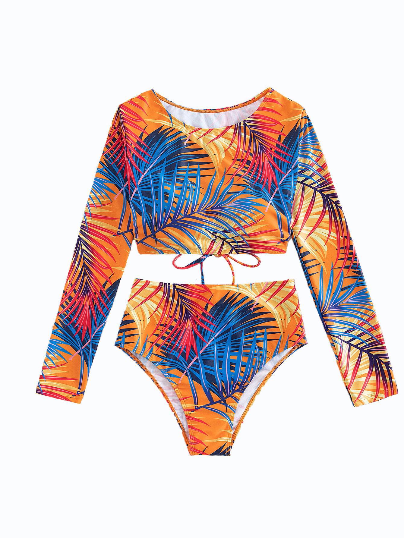 Wholesale Long Sleeve Irregular Maple Leaf Polyester Swimwear